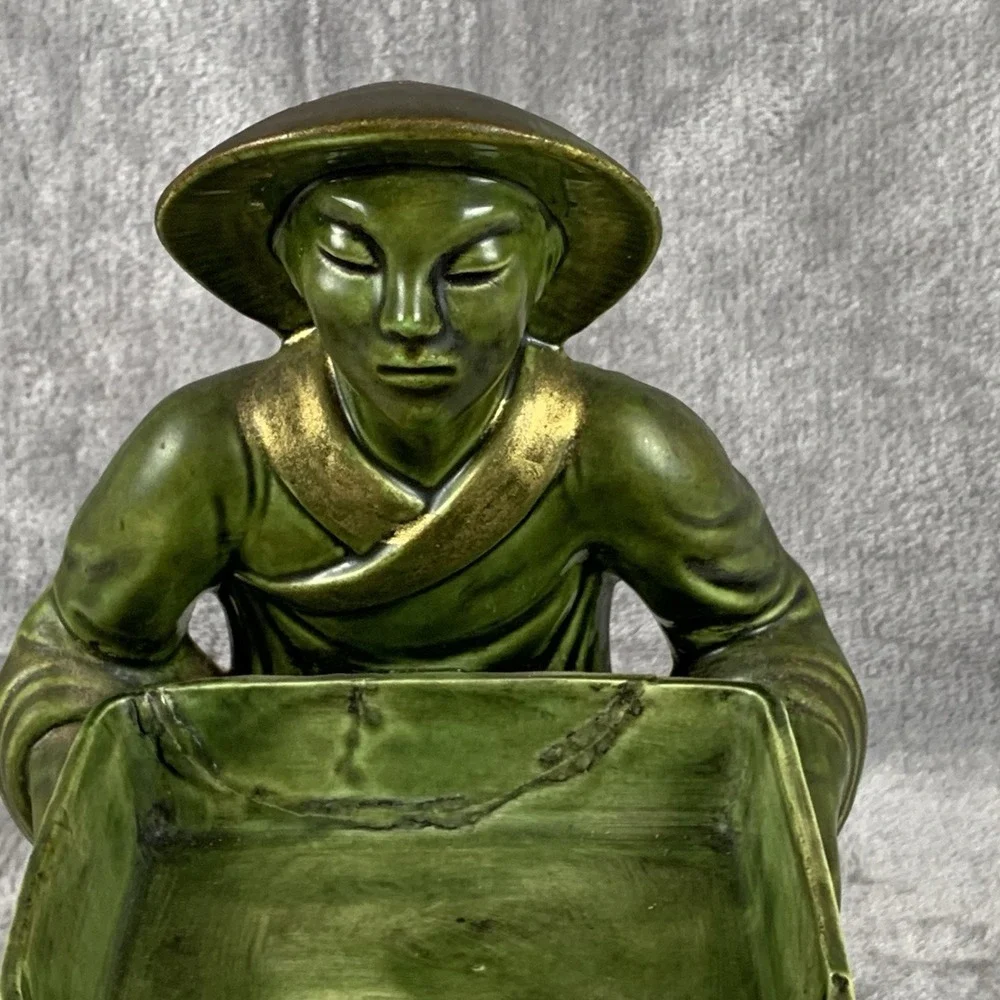 Vintage 1963 Figural Chinoiserie Trinket Box Gold Accented Green Signed Repaired